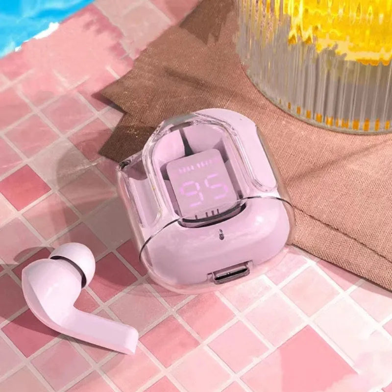 Transparent case Bluetooth earphones showing internal components with digital display screen