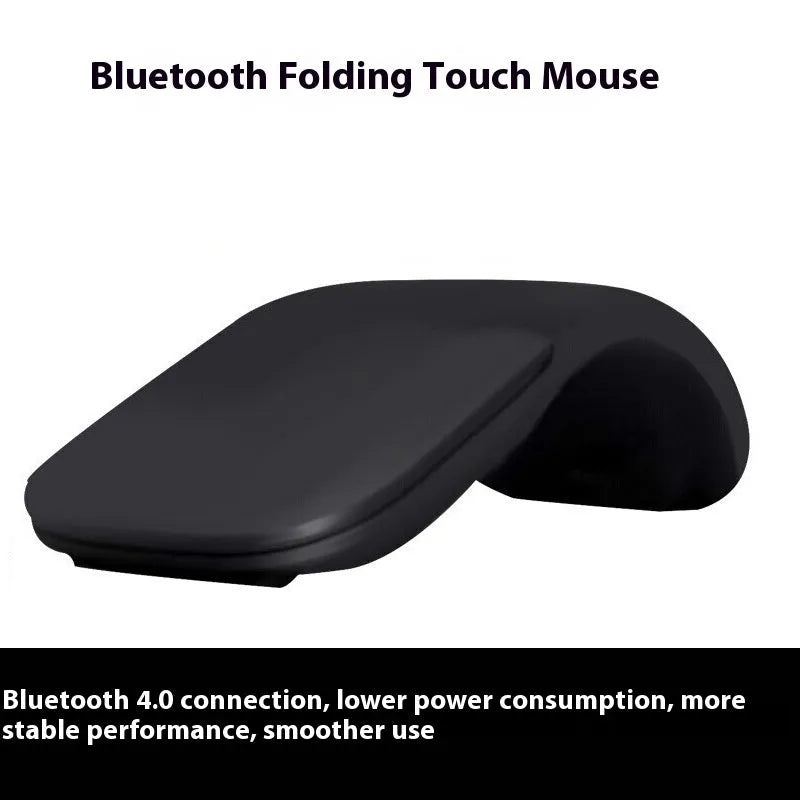 Folding wireless Bluetooth mouse showing compact design with touch surface and portable folded position