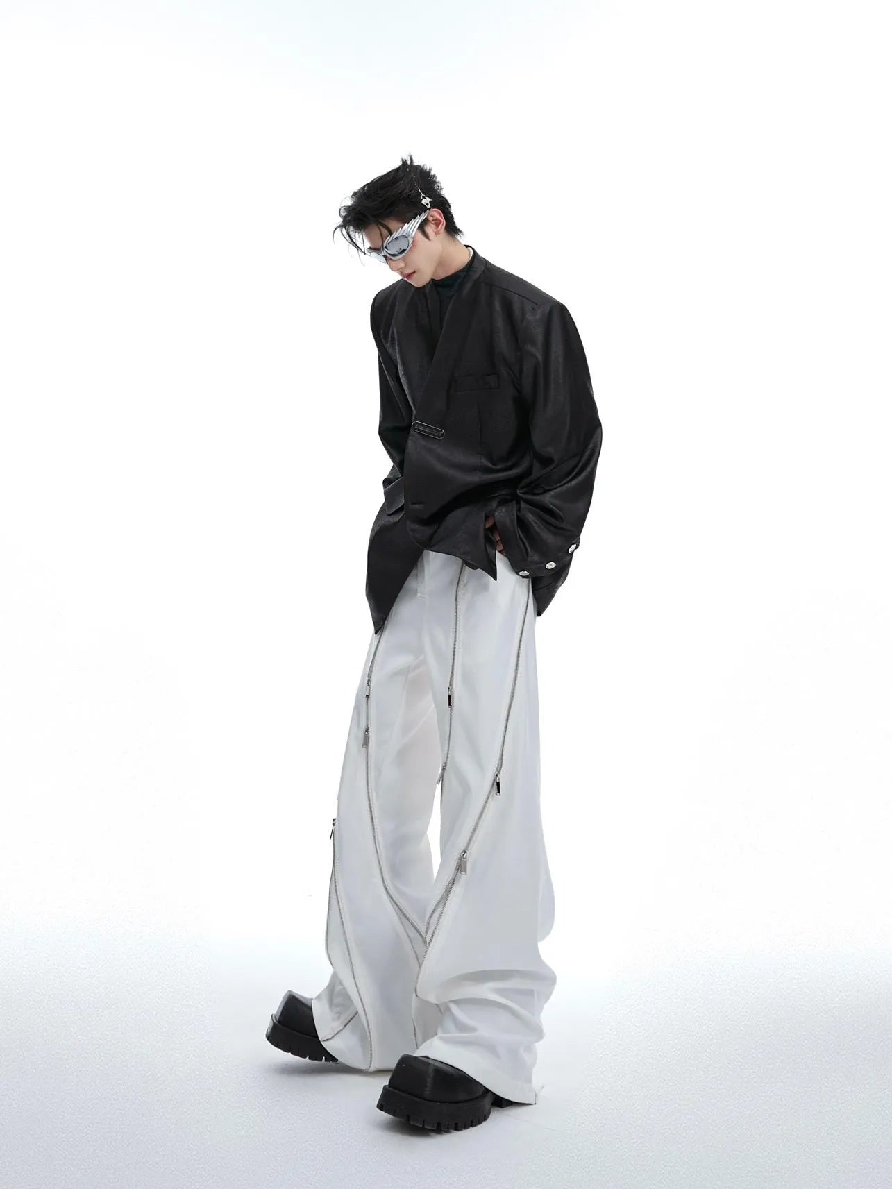Men's polyester cotton straight leg casual trousers in black and white