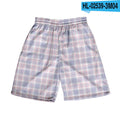 A pair of men's plaid pattern shorts with an elastic waistband, shown in a solid colour.