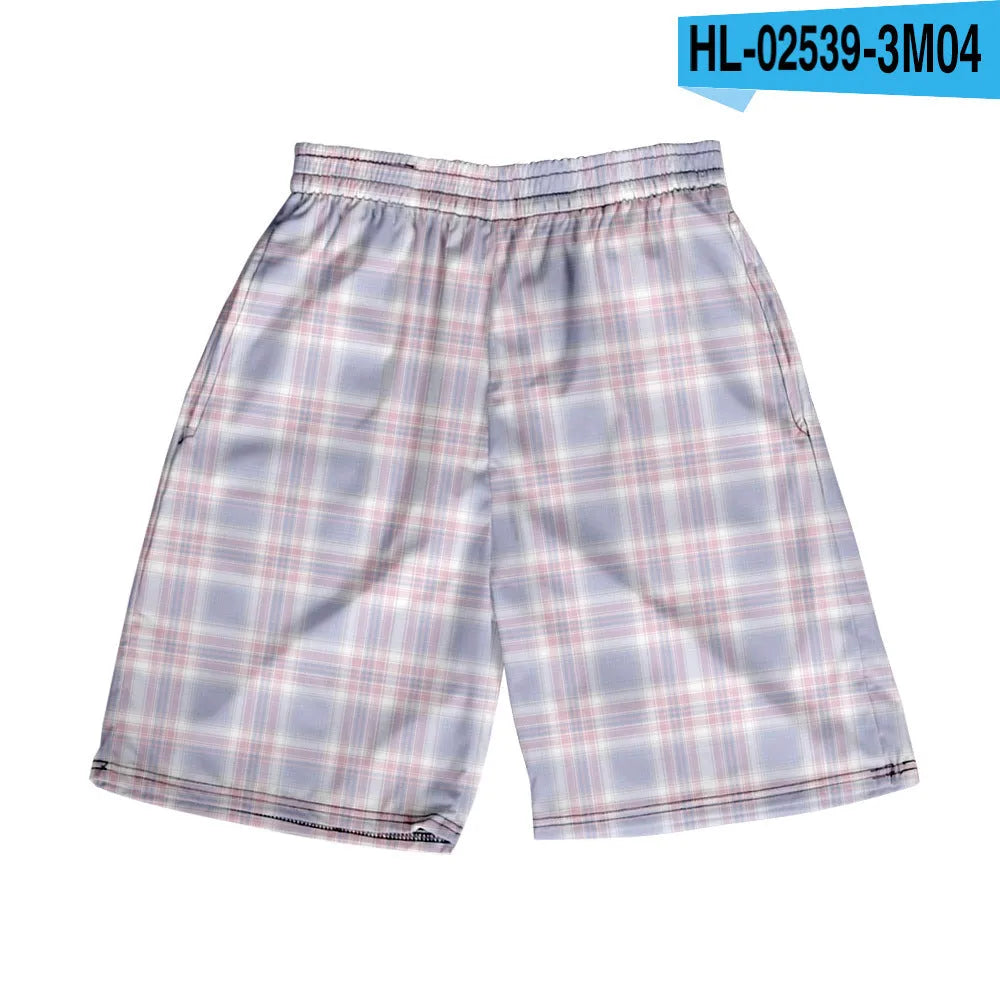 A pair of men's plaid pattern shorts with an elastic waistband, shown in a solid colour.