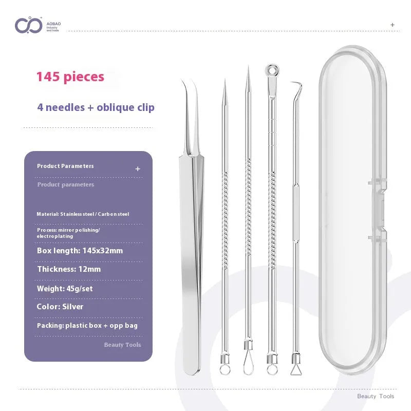 Four silver metal acne needles with ultra-fine pointed tips for skincare extraction.