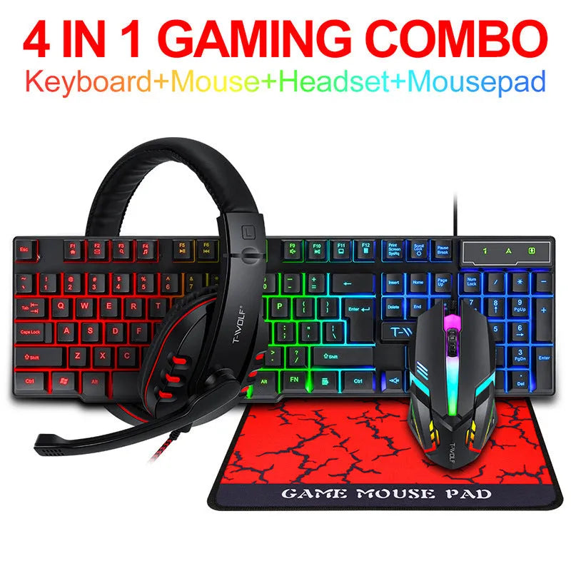 Wired gaming keyboard and mouse set with RGB lighting, headset, and large mouse pad