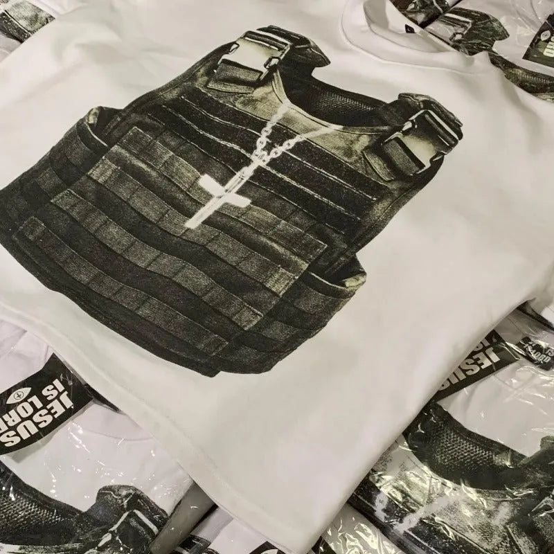 Printed cotton short sleeve retro street style t-shirt with drop-shoulder design