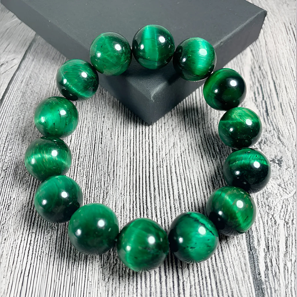 Green tiger eye stone bracelet with geometric beads in multiple size options