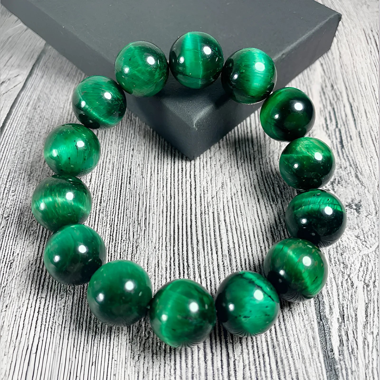 Green tiger eye stone bracelet with geometric beads in multiple size options