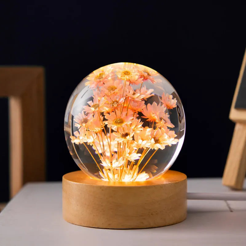 Luminous 3D dandelion crystal ball on a beech wood stand, glowing as a USB-powered desktop night light.