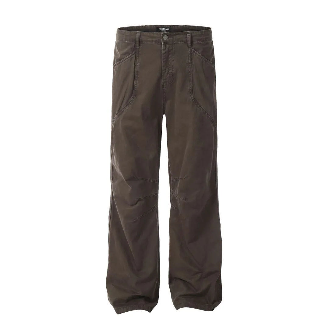Men's brown straight-leg cotton trousers showing high-waist design and traditional straight-leg silhouette