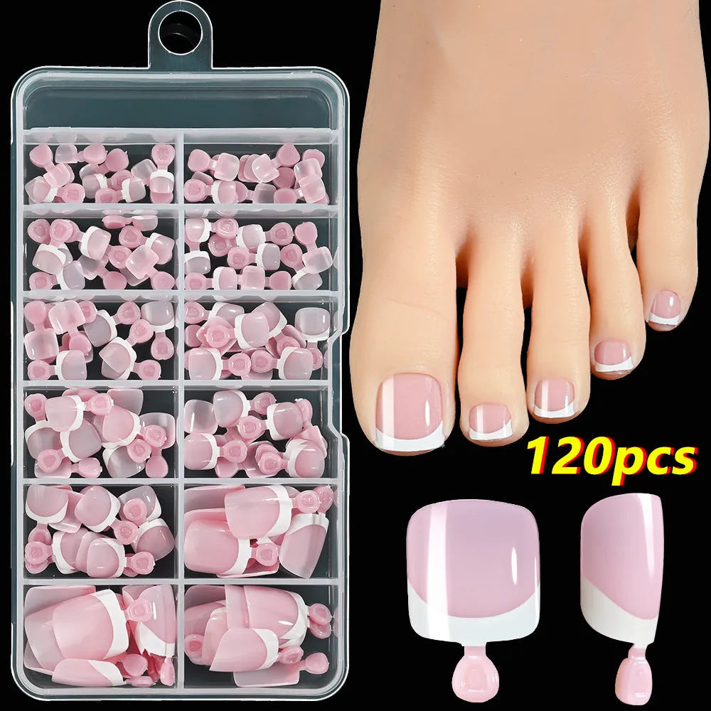 120 French white edge full square short nude nail pieces in a box, showing multiple shades.