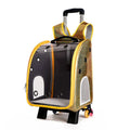 Transparent pet trolley carrier bag with shoulder strap in blue, pink, red, and yellow colour options.