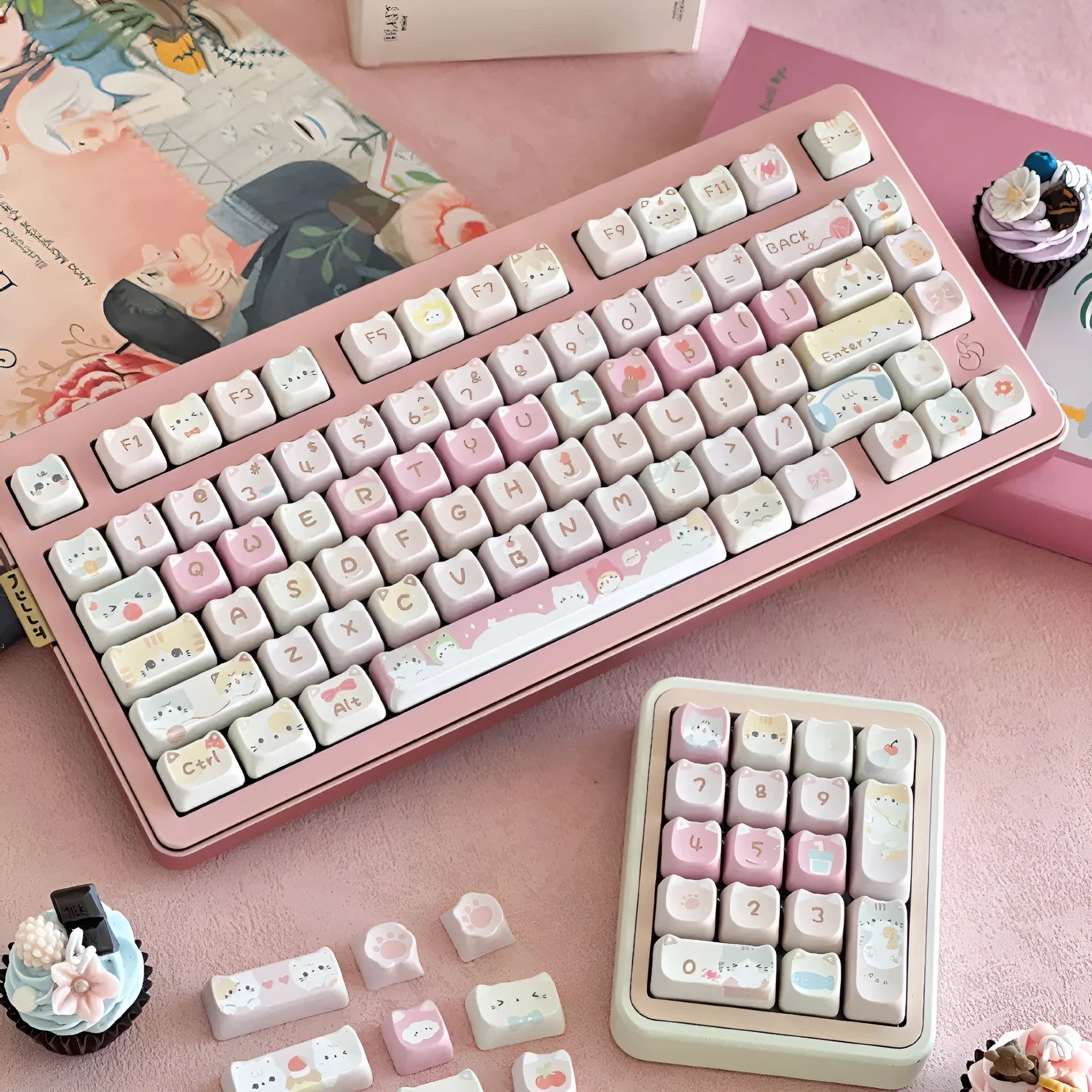Meow Meow Team high-top profile 141-key sublimation key cap set for mechanical keyboards.