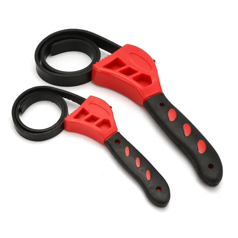 Adjustable rubber strap wrench set showing 6-inch and 8-inch models with a plastic rubber handle.