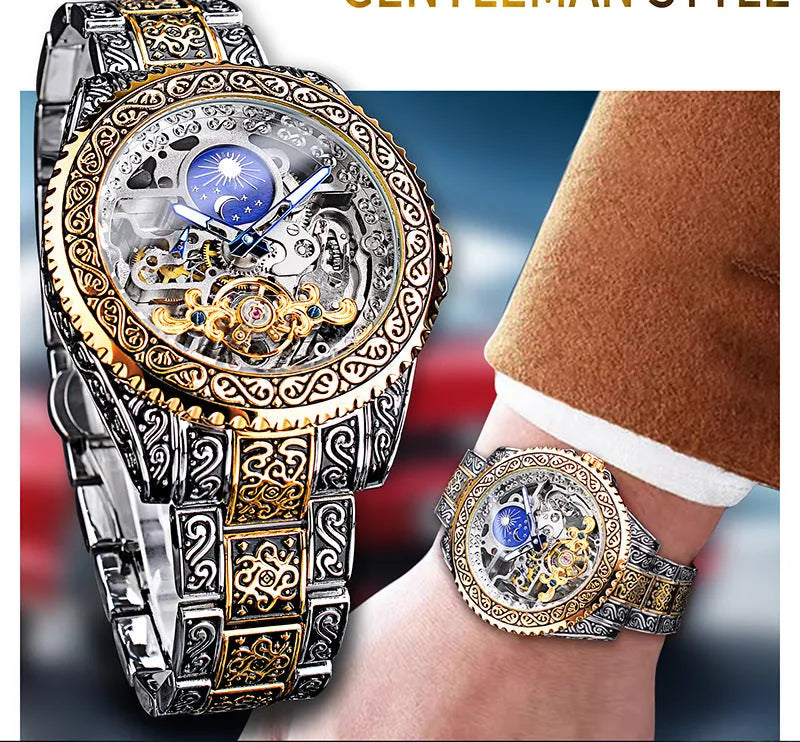 Forsining yellow gold skeleton tourbillon mechanical watch with stainless steel band