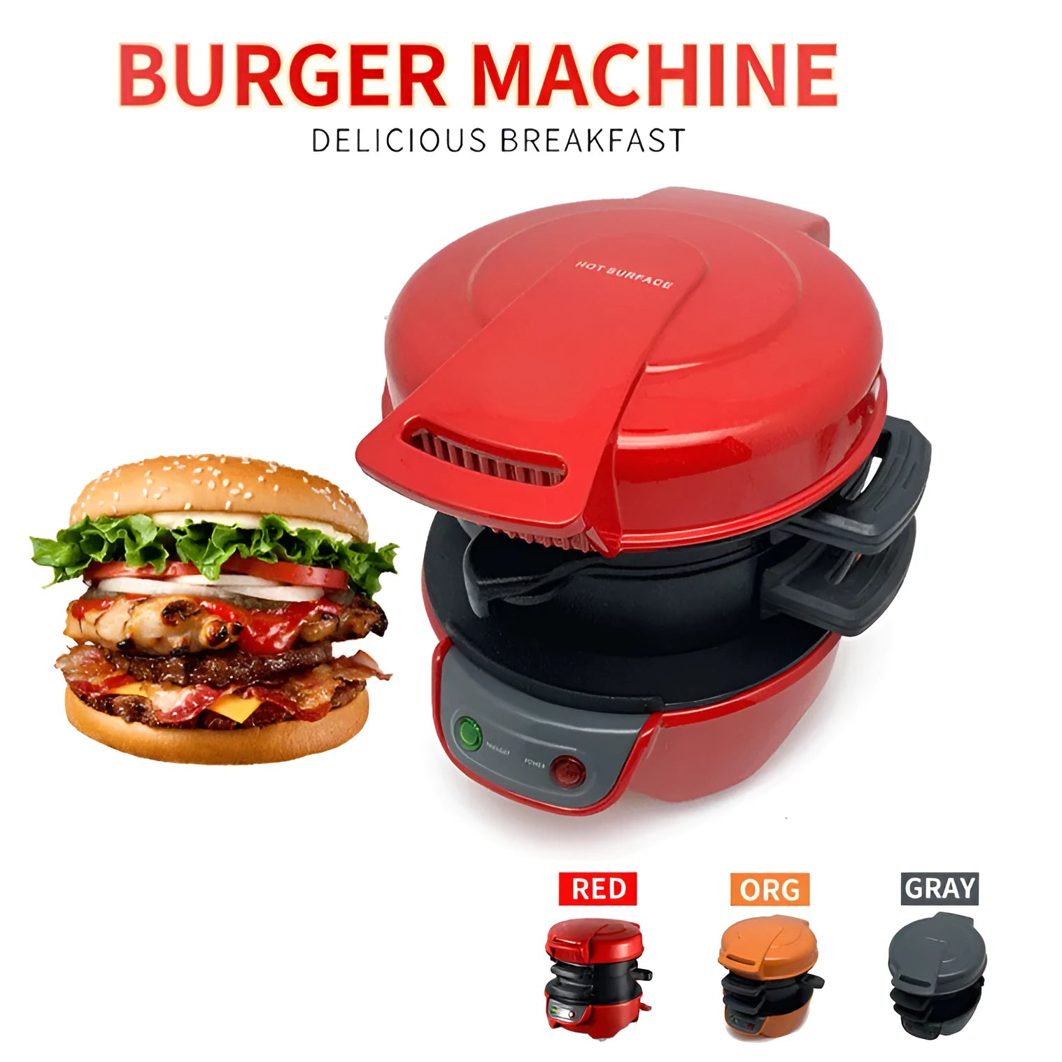 Household breakfast sandwich and waffle maker with egg cooker ring in bright red colour