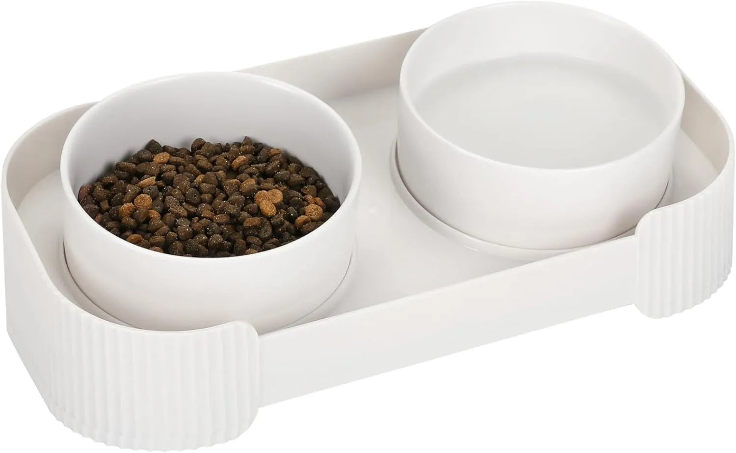 Ceramic elevated cat bowl set with tilted design and anti-spill rim in three colour options