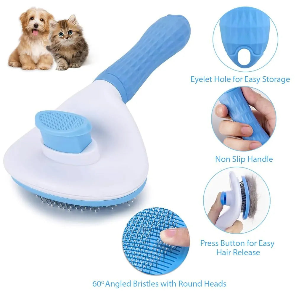 Cat brush with release button in blue, grey, or pink colour for pet hair removal