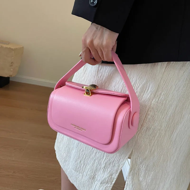Women's PU leather shoulder messenger bag with letter detailing in beige, black, khaki, or pink