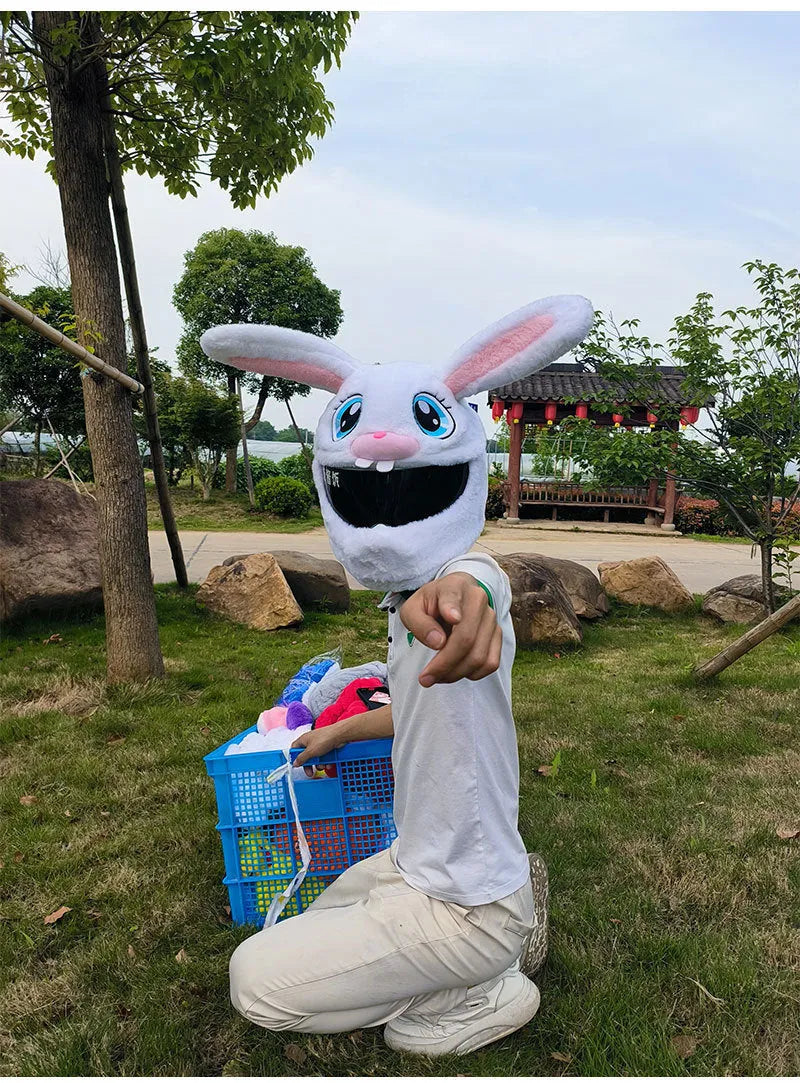 White rabbit head helmet cover with long ears for electric motorcycle commuting