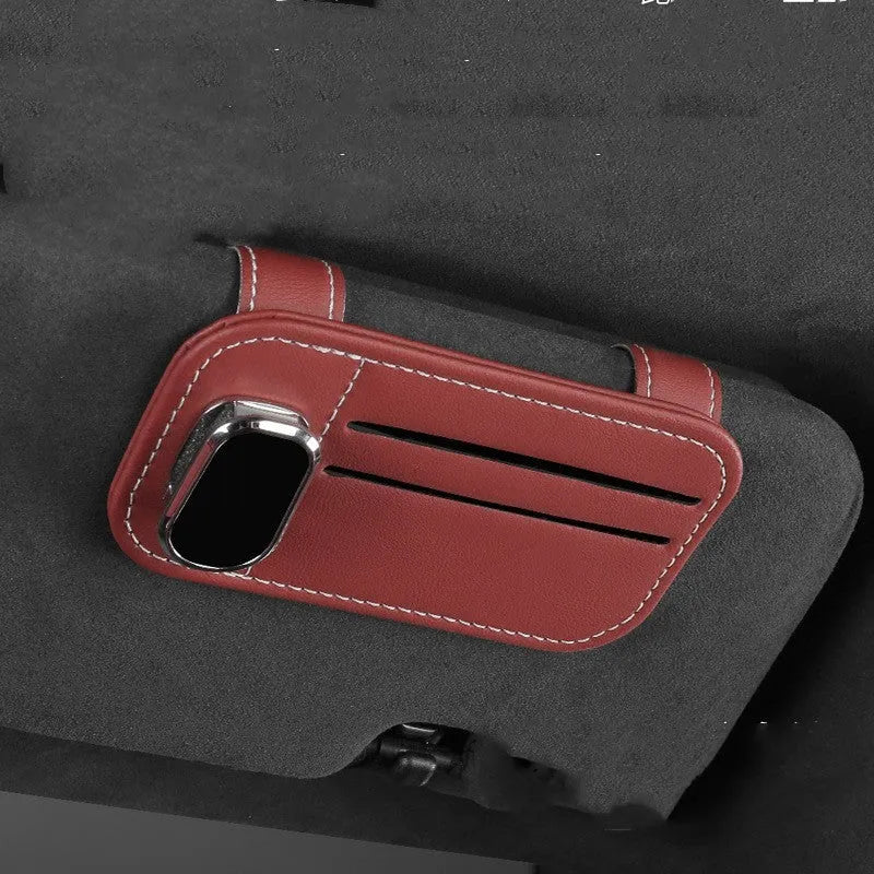 Cowhide leather automotive sun visor holder with glasses clip and card slots in beige colour.