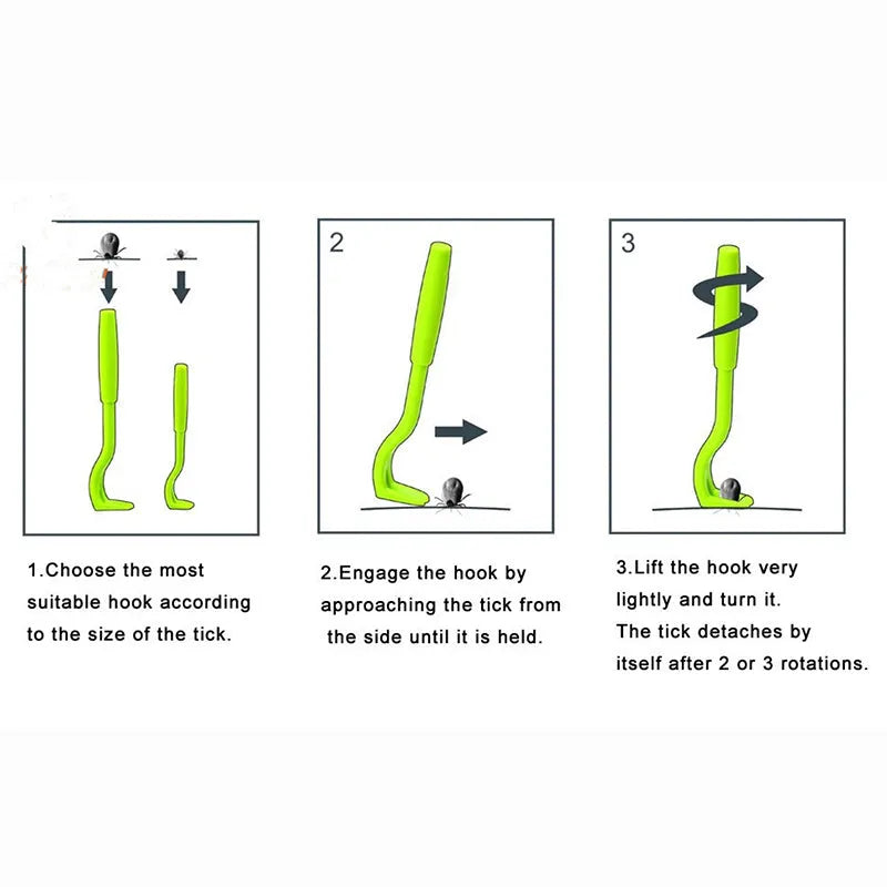 Three blue and green plastic pet tick removal hook tools on a white background.