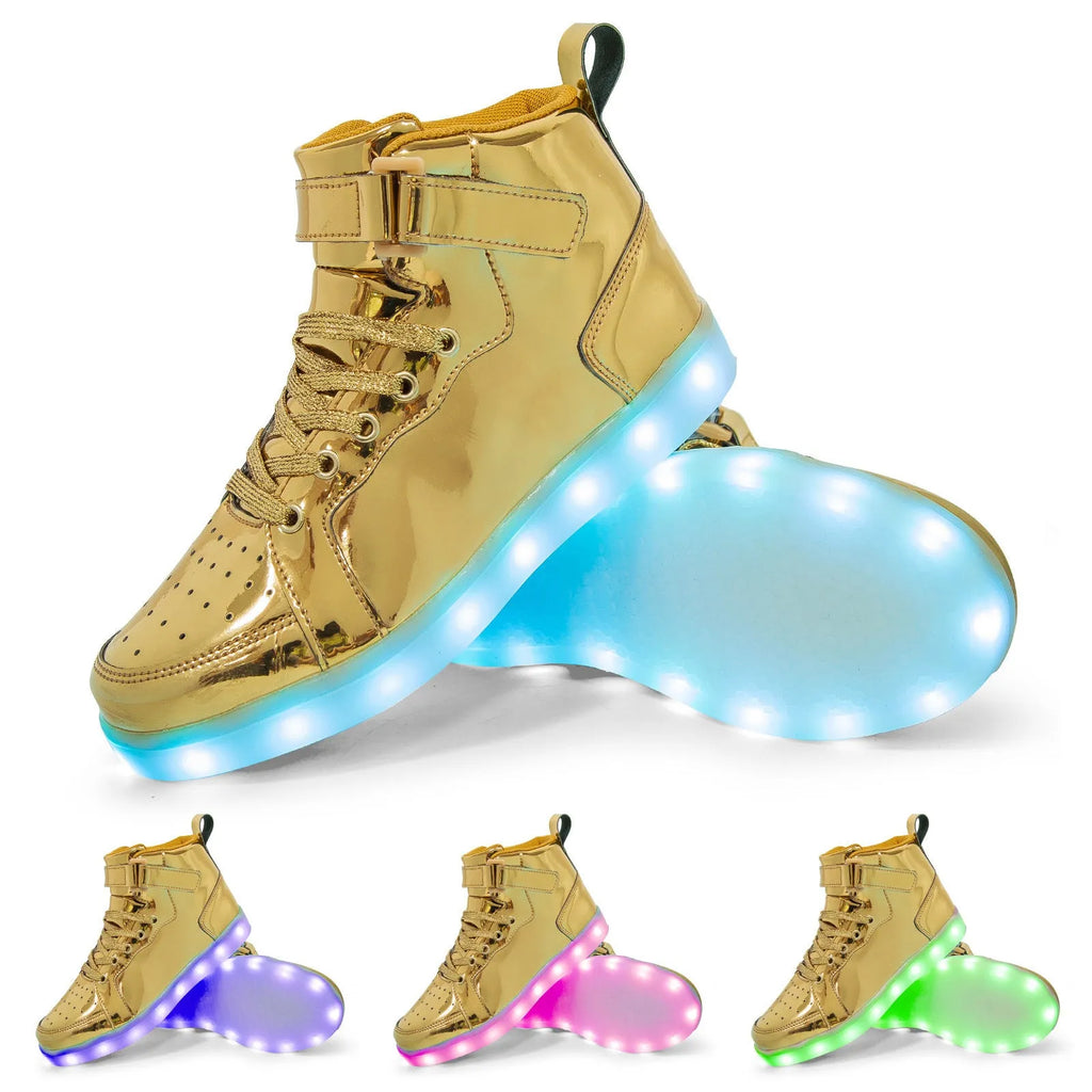 A pair of black high-top shoes with a Velcro strap and illuminated LED lights in the rubber sole.