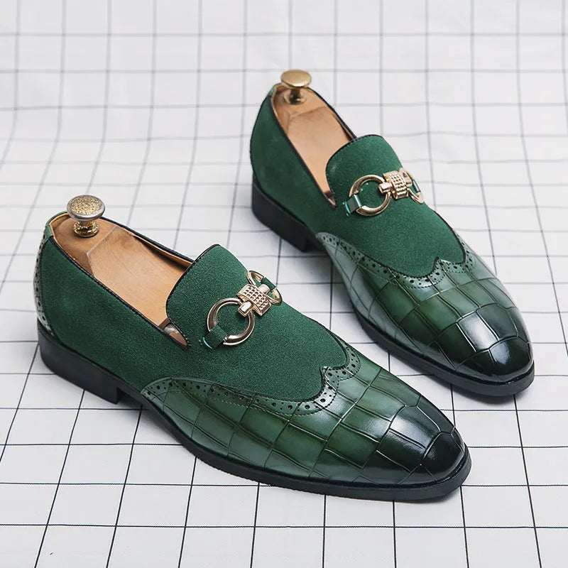 Men's black pointed toe low top casual shoes with a rubber sole and decorative stitching.