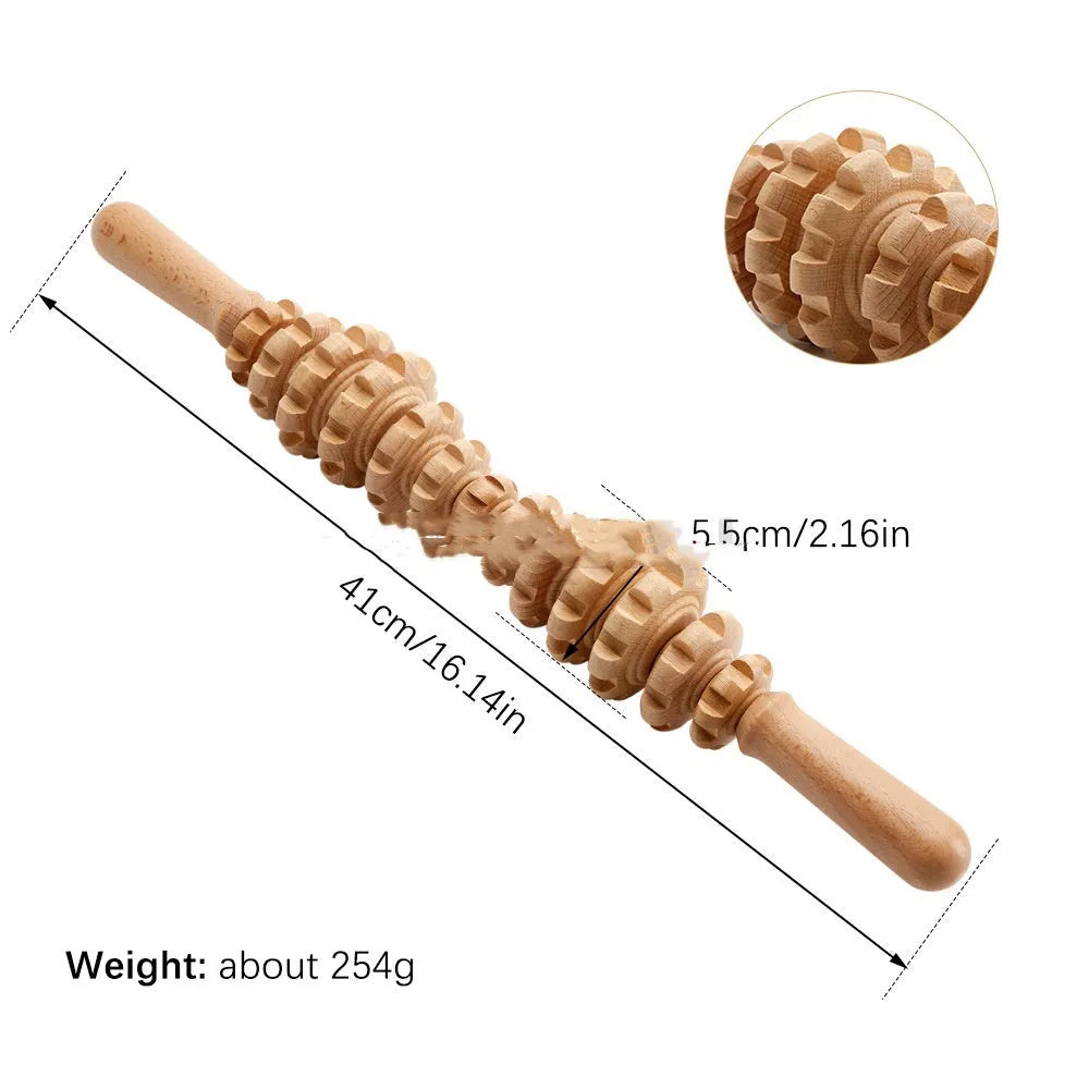 Natural beech wood massage roller set with T-shaped tool and multiple wheel configurations