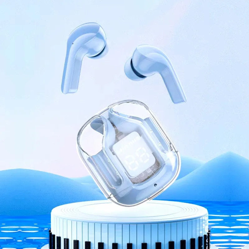 Transparent case Bluetooth earphones showing internal components with digital display screen