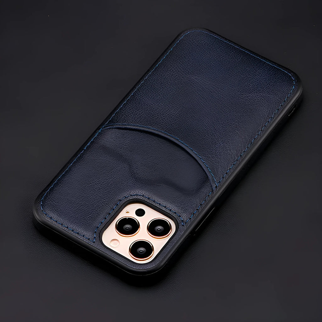 Dark blue PU leather protective case for iPhone shown on a smartphone.