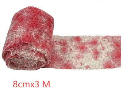 Roll of red polyester horror bandage with bloody print for Halloween decorations and costumes.
