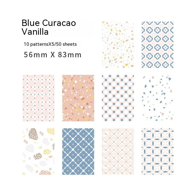 Dessert Supply Series retro collage note paper set showing ten different pastel colours on 56x83mm sheets