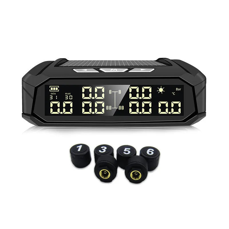 Solar external tyre pressure monitor display unit with colour screen next to six tyre sensors.