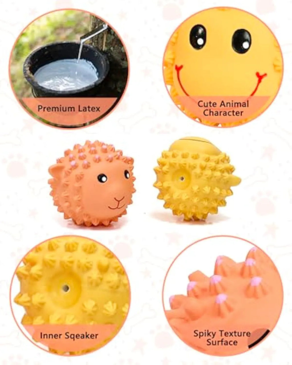 Four orange and yellow spiky latex dog toys with animal shapes and squeakers for small medium breeds