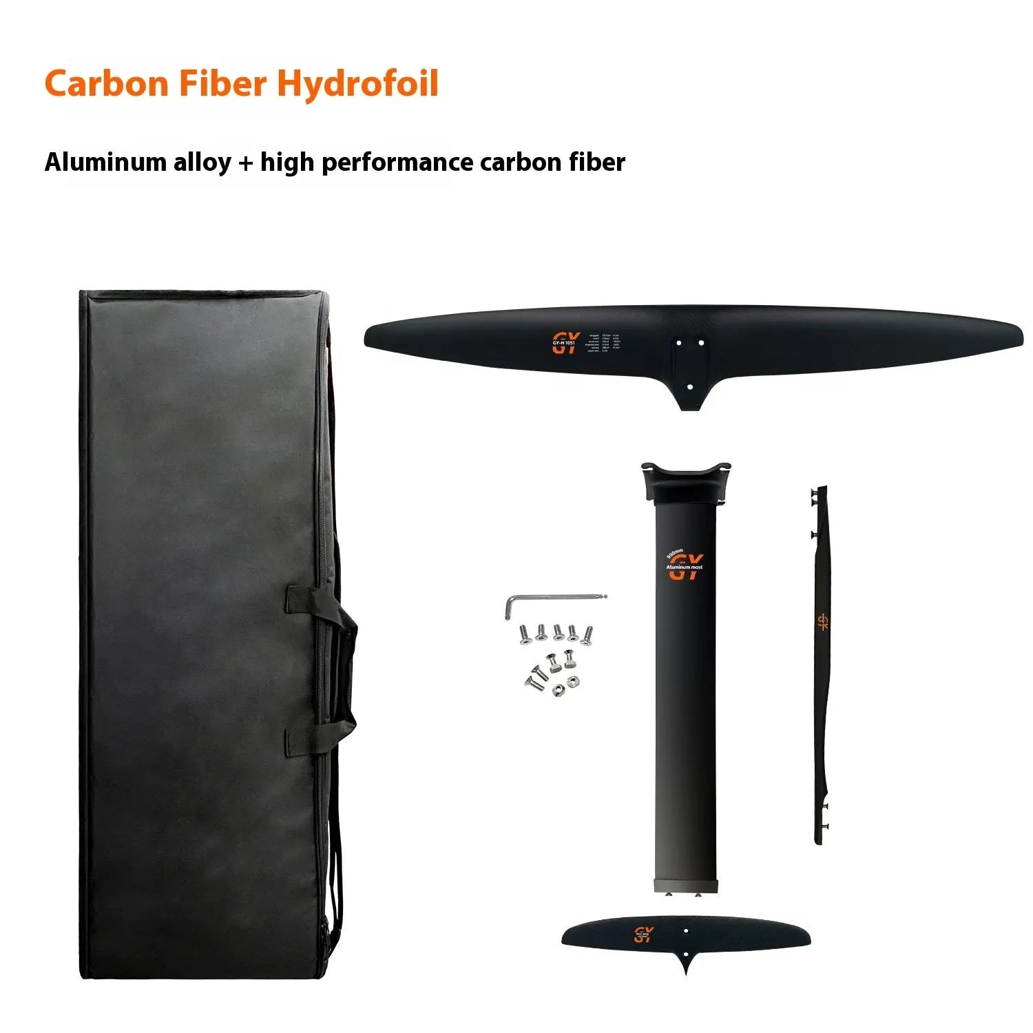 Black carbon fibre racing hydrofoil surfboard with 1051mm front wing, complete set for professional surfing