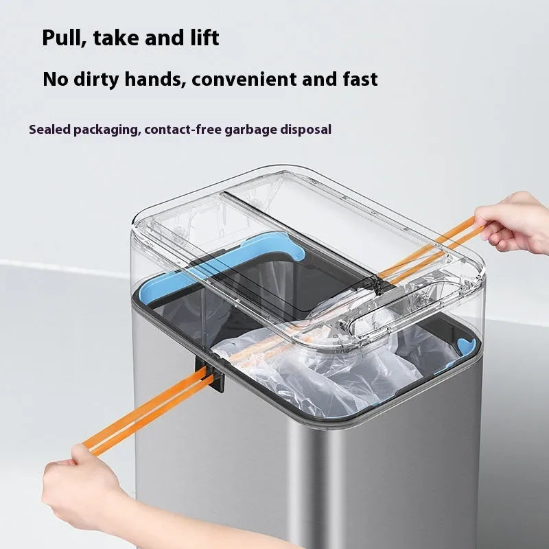 Stainless steel inductive smart ashbin with square shape and touch-free lid.