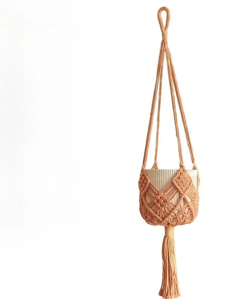 Hand-woven cotton polyester flower pot net with extension cord in a choice of seven colours.
