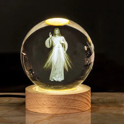 White crystal ball church desk ornament lamp with solid wood warm light base