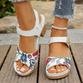White women's high-heel casual sandals with an adjustable Velcro strap buckle.