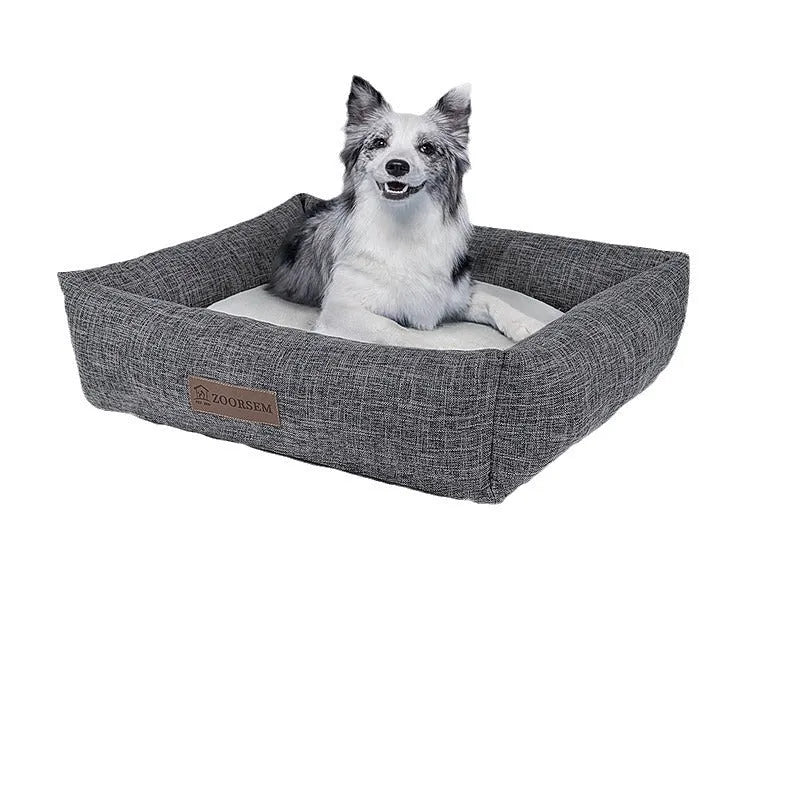 Square grey and brown plaid cloth dog bed for winter, shown in small and large sizes.