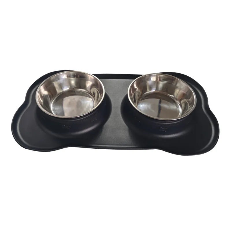 Large silicone double dog bowl with stainless steel inserts in raised feeding design