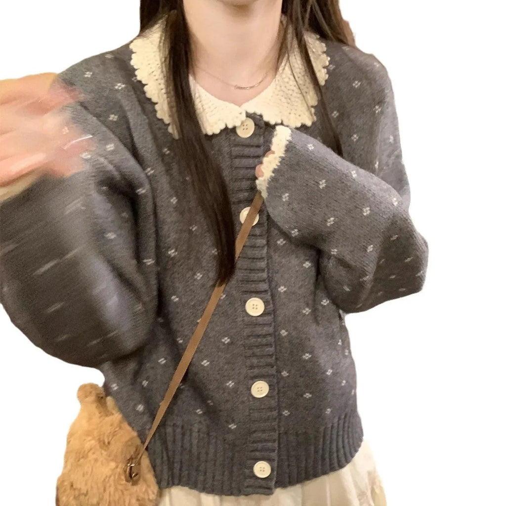 Peter Pan collar floral pattern cardigan coat in knitted polyester fabric