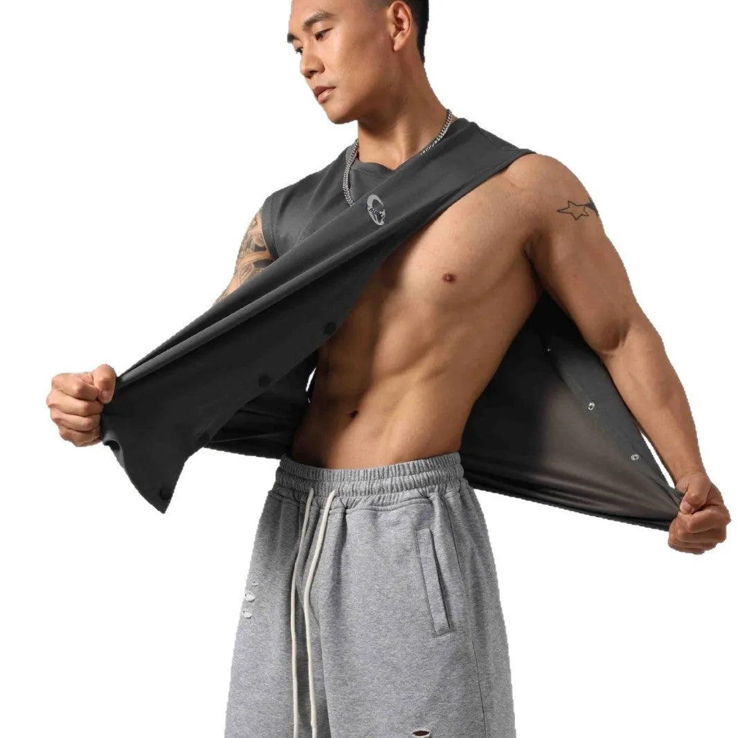 Men's Korean style loose fitness vest with two-side hidden hook opening in solid colour
