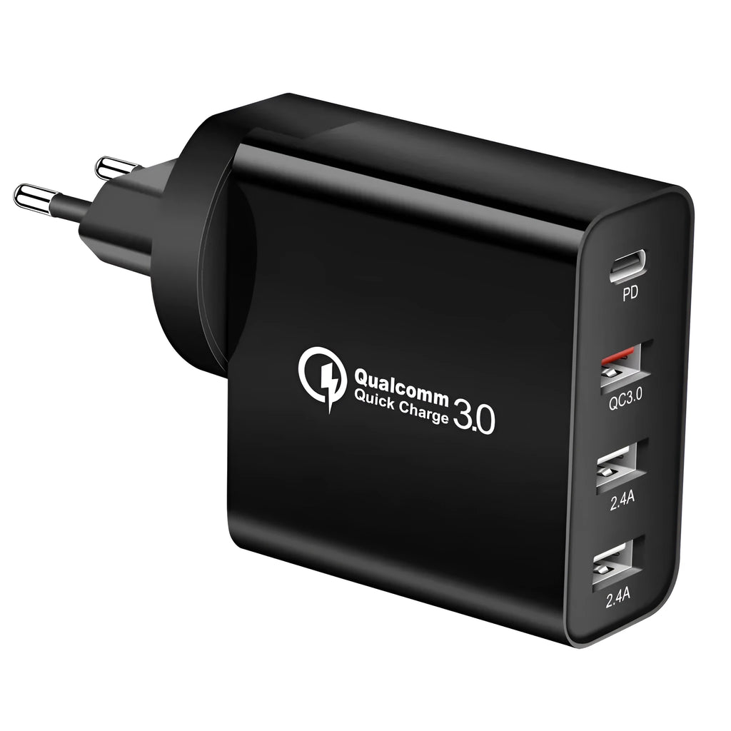 White or black fast charge charger with multiple USB ports and international plug options