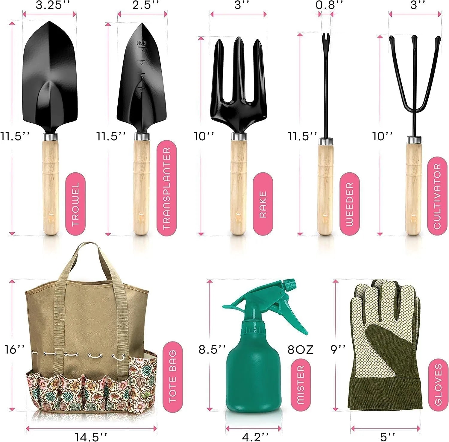 Stainless steel gardening tool set of eight pieces including trowel, weeder, fork, cultivator, snipper, and shovel