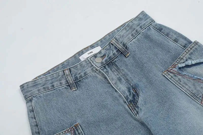 Men's blue American retro straight leg wide tube jeans with mid waist and cotton fabric