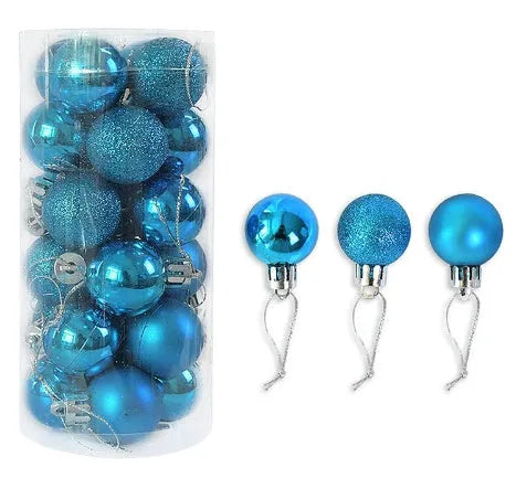 Assorted metallic gold, red, silver, and blue 3cm plastic Christmas bauble ornaments in a box.