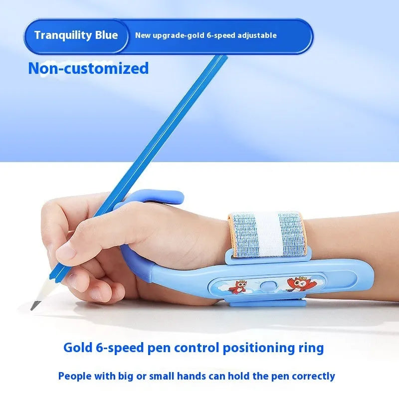 Blue Anti-hook Holder Pen Control Corrector wrist brace on a hand holding a pencil.