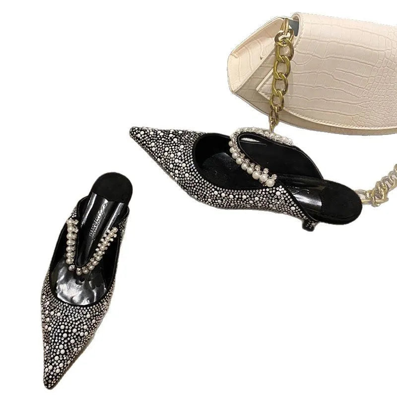 Women's spring stiletto heel slippers in Korean style with pointed toe and microfiber upper