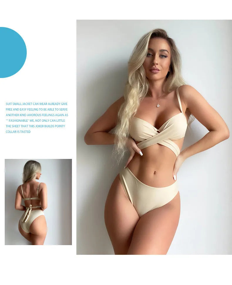 Sexy white three-piece bikini set with backless push-up top and skirt on a mannequin.