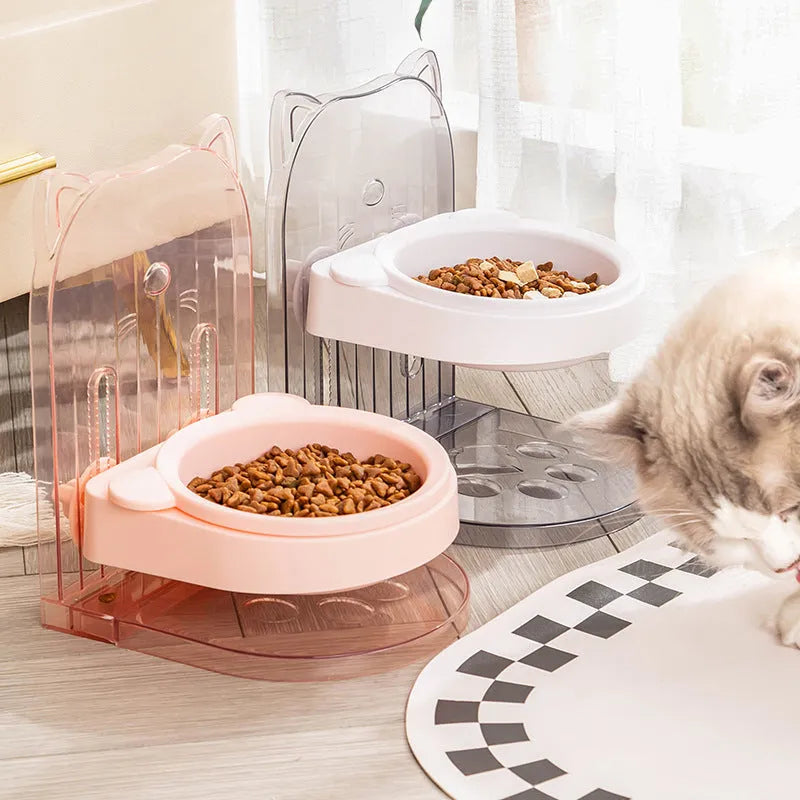 Grey cat ear pet feeding bowl in adjustable hanging cage with anti-spill design